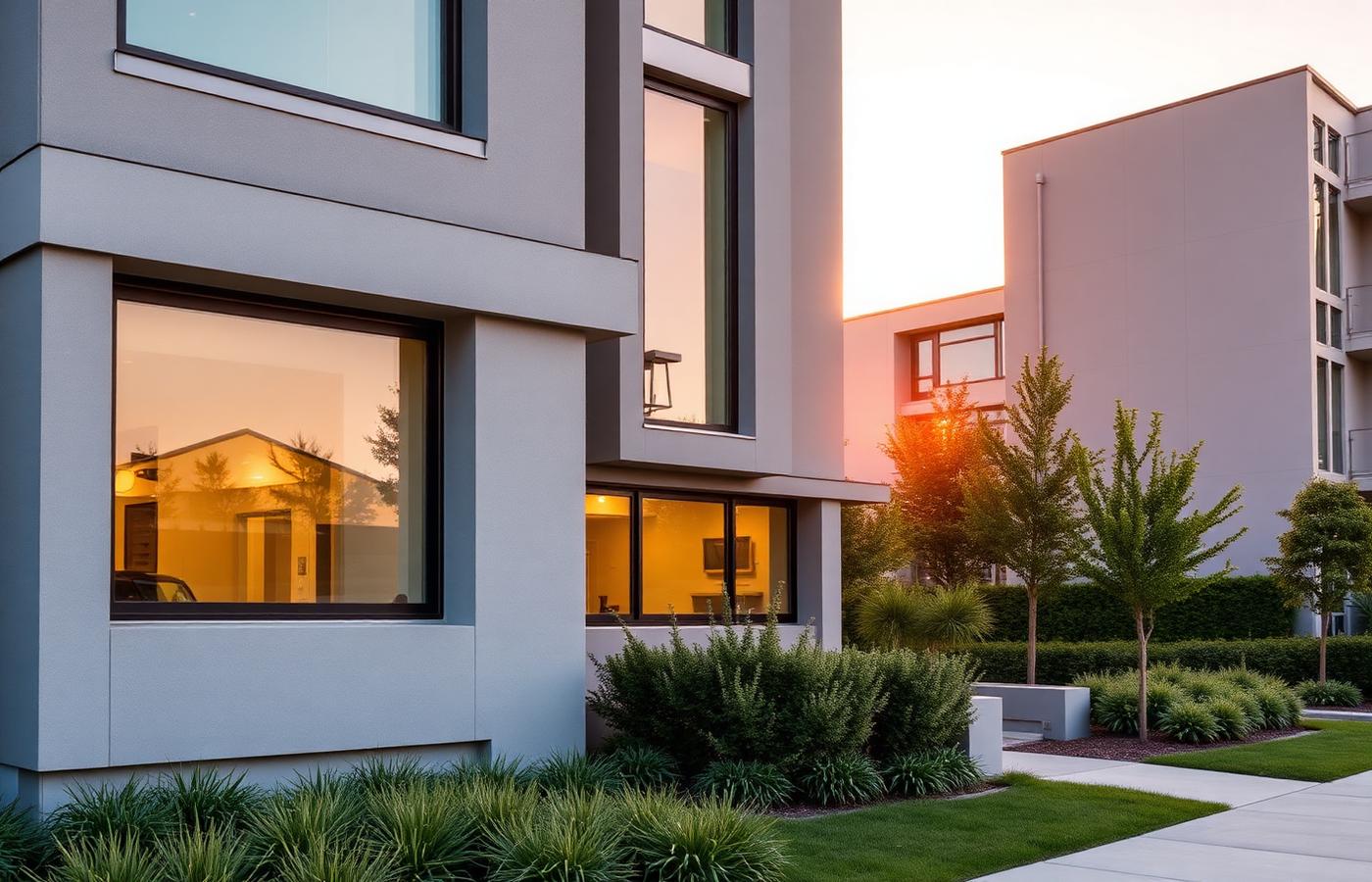 Moderne Wohnarchitektur im warmen Abendlicht